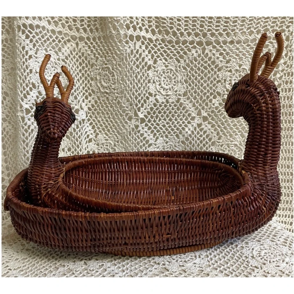 Wicker Deer Reindeer Basket Set Home Decor Brown Vintage FLAWS